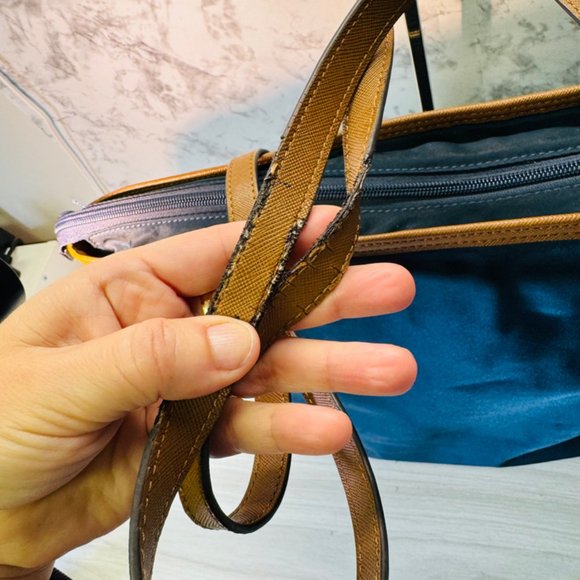 Michael Kors MK Kempton Blue Nylon Saffiano Large Leather Satchel Tote Bag - Picture 7 of 9